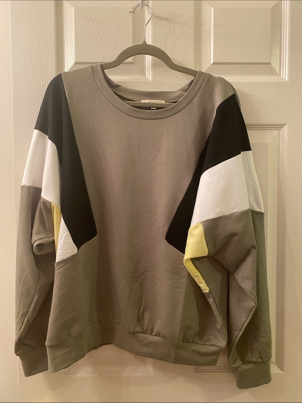 Kye Mi Colorblock Crewneck Sweater in Olive with Black, White & Yellow Accents